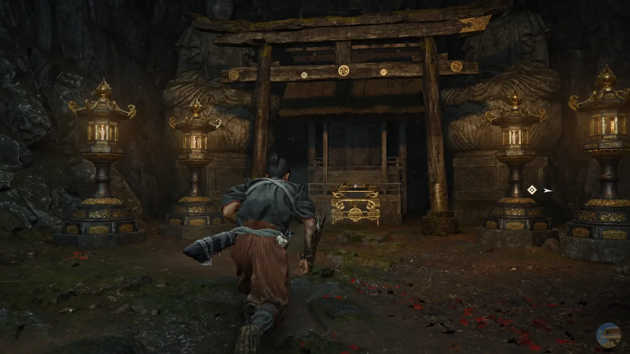 An ornate chest sitting beside a shrine structure as Musashi walks toward the marker