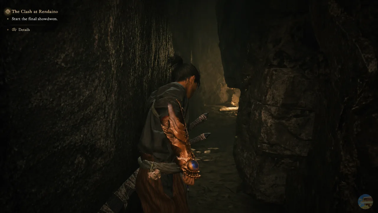 Musashi squeezing through a tight rock passage on the way to a hidden armament chest