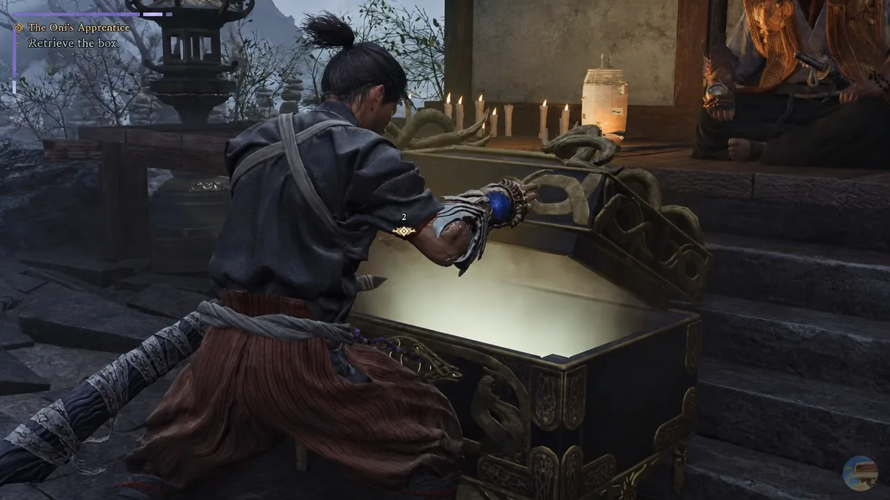 Musashi taking the box from an open chest during The Oni's Apprentice mission