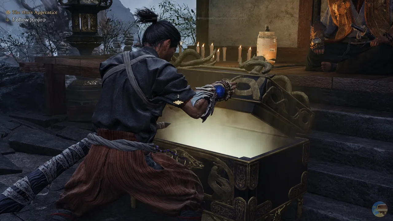 Musashi opening an ornate chest during The Oni's Apprentice with the Follow Junjiro objective active