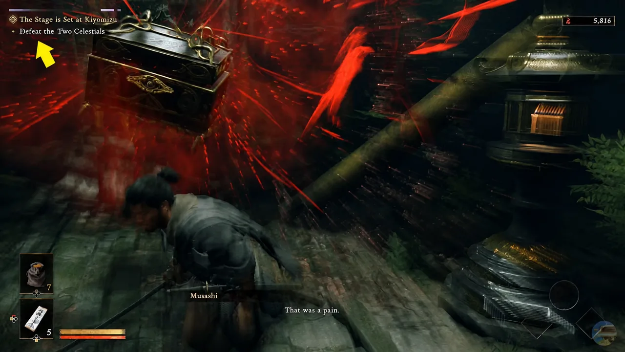 Combat at Kiyomizu-dera Temple with the objective to defeat the Two Celestials on screen