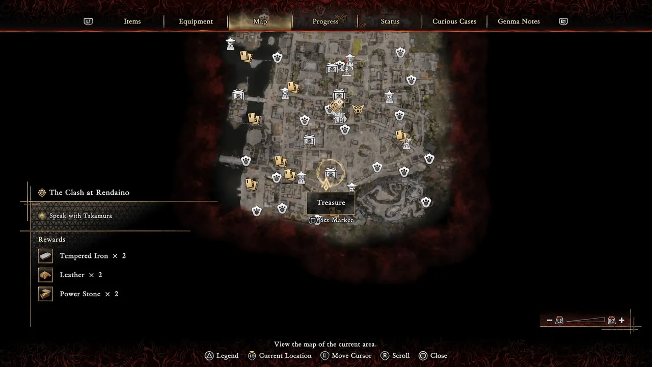 Area map with a Treasure marker highlighted, showing where an undiscovered chest sits