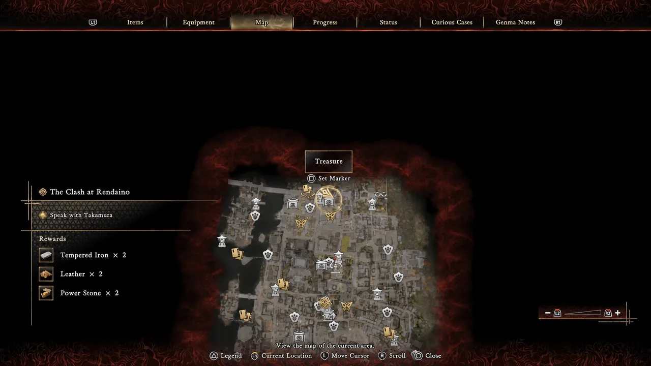 Map screen with a Treasure marker selected and the Set Marker prompt visible alongside the rewards panel
