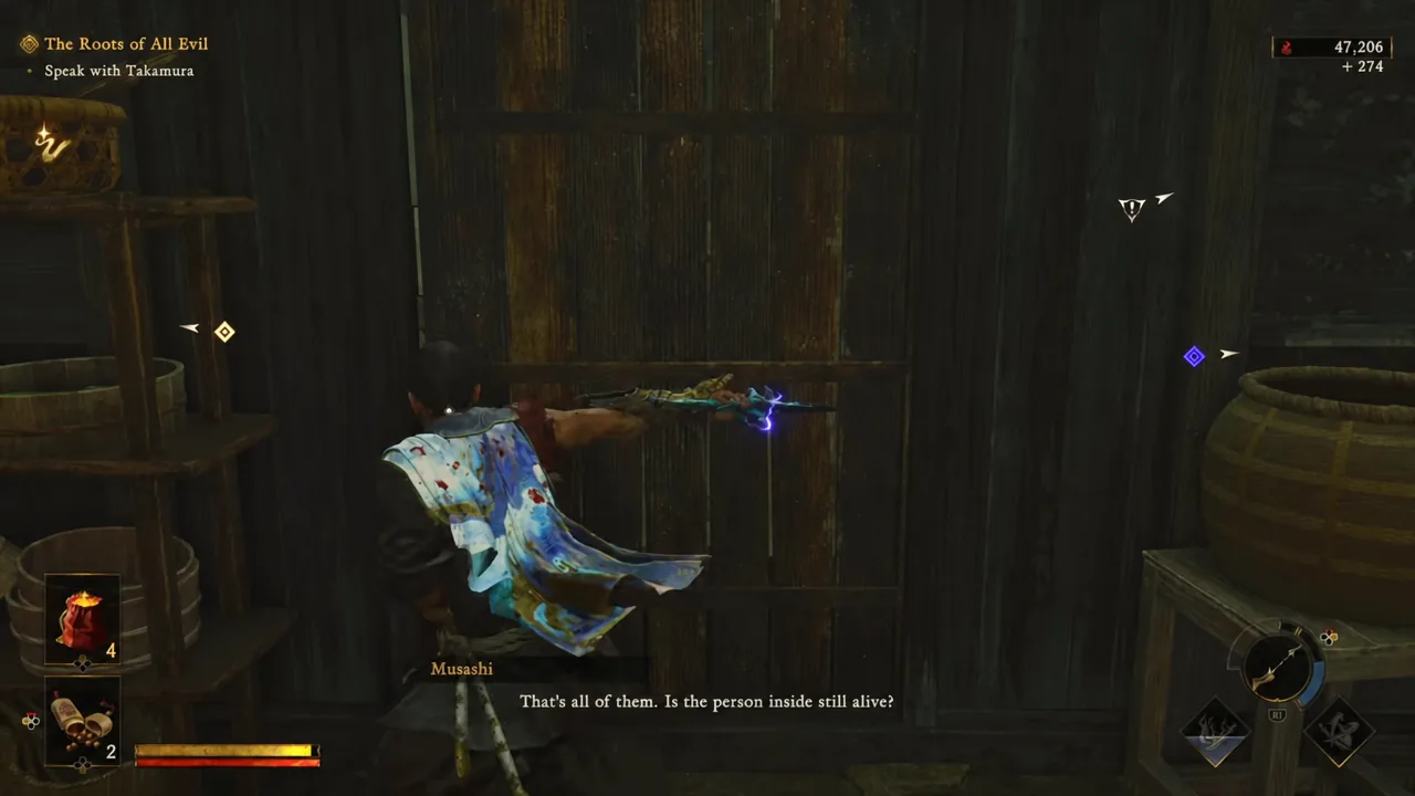 Quest tracker showing Speak with Takamura as Musashi faces a closed wooden door