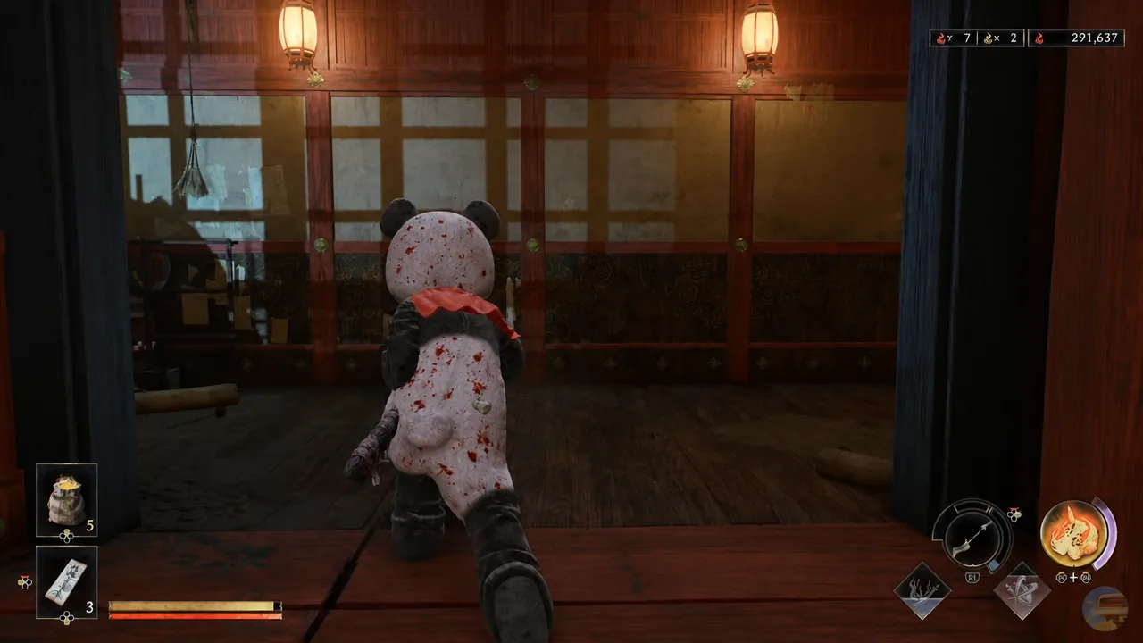 Musashi advancing through a dojo interior with the ability wheel and combat HUD on screen