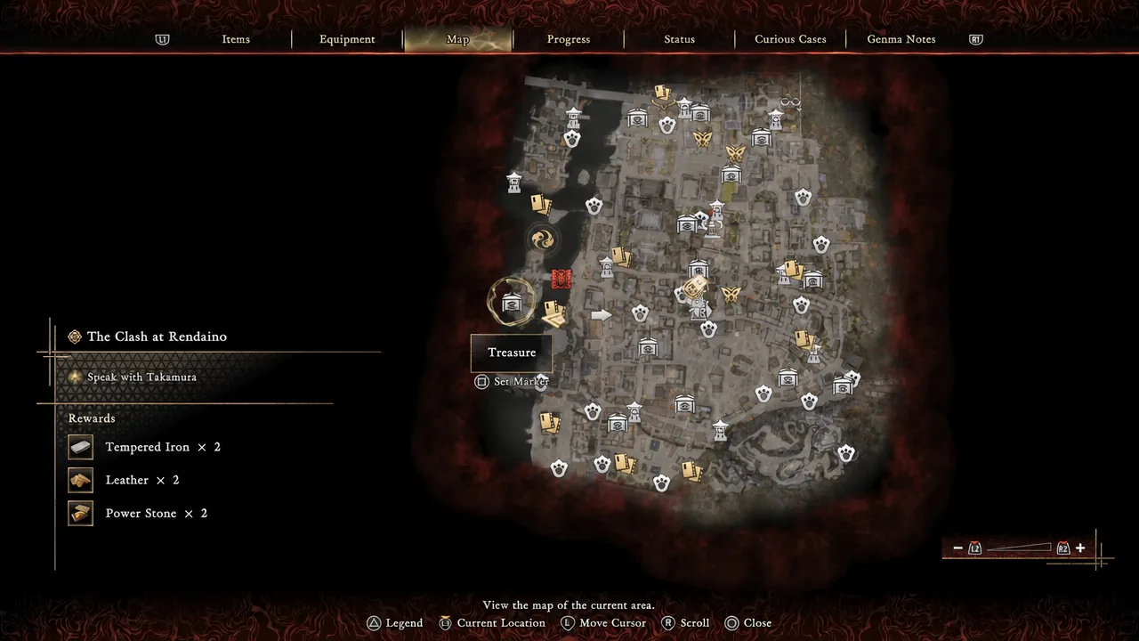 Treasure marker selected on the Onimusha map screen with the option to place a custom marker