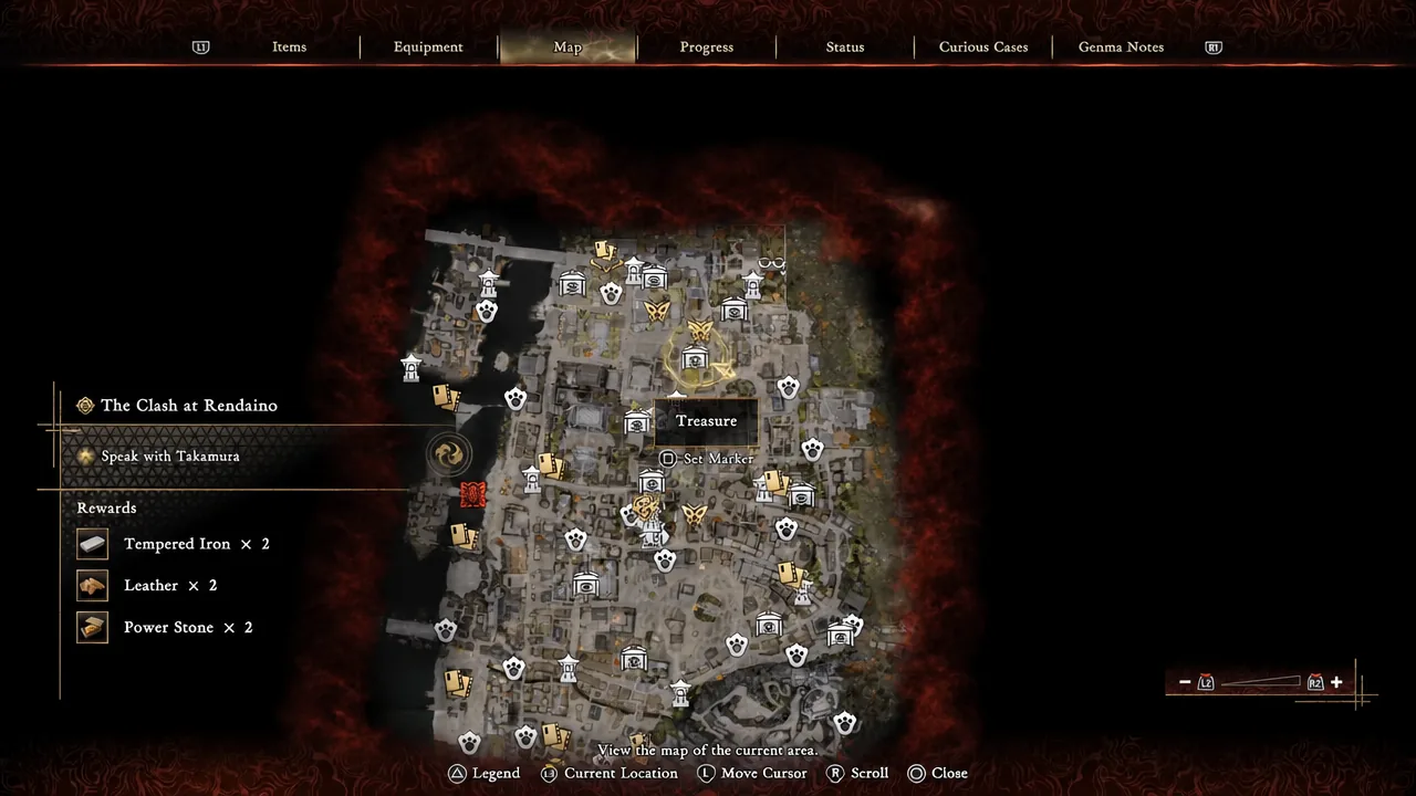 Map screen in Onimusha with a Treasure point highlighted among the area's markers
