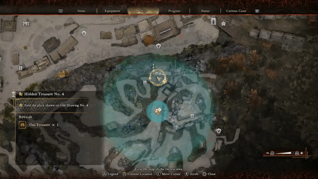 Hidden Treasure No. 4 selected on the Onimusha map while matching Old Drawing No. 4