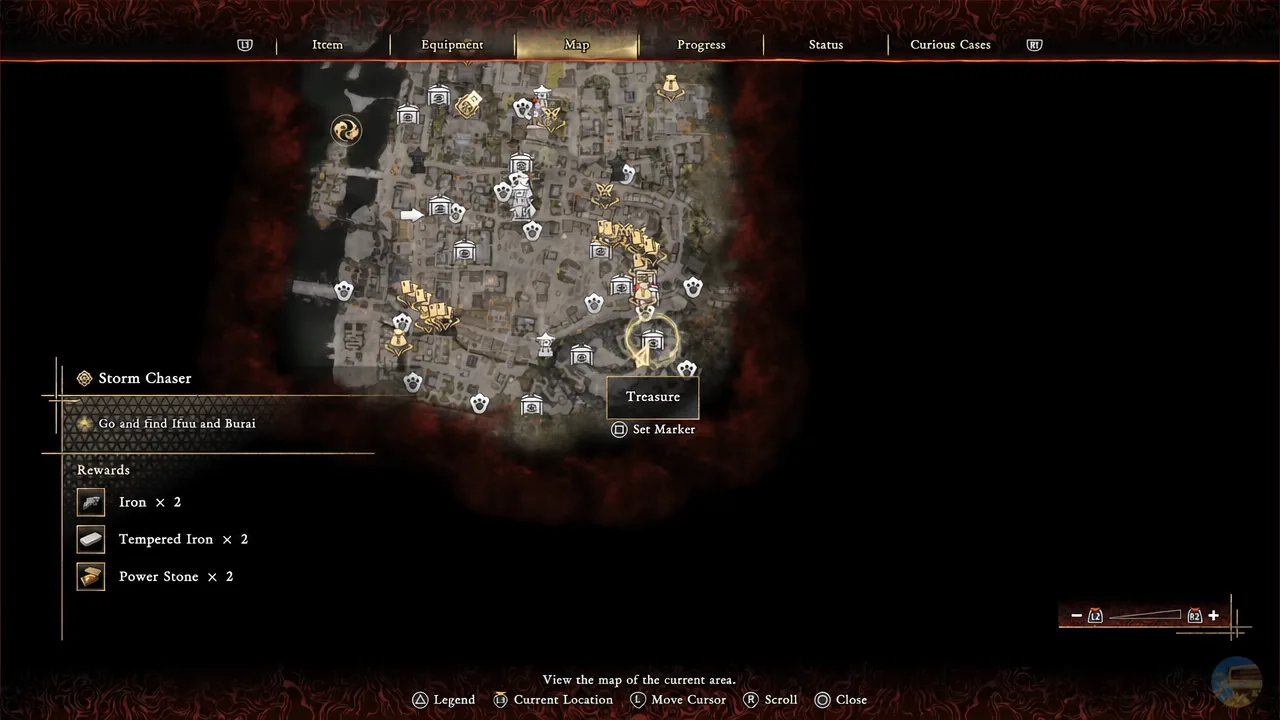 Map screen with a Treasure marker highlighted while the Storm Chaser objective is active