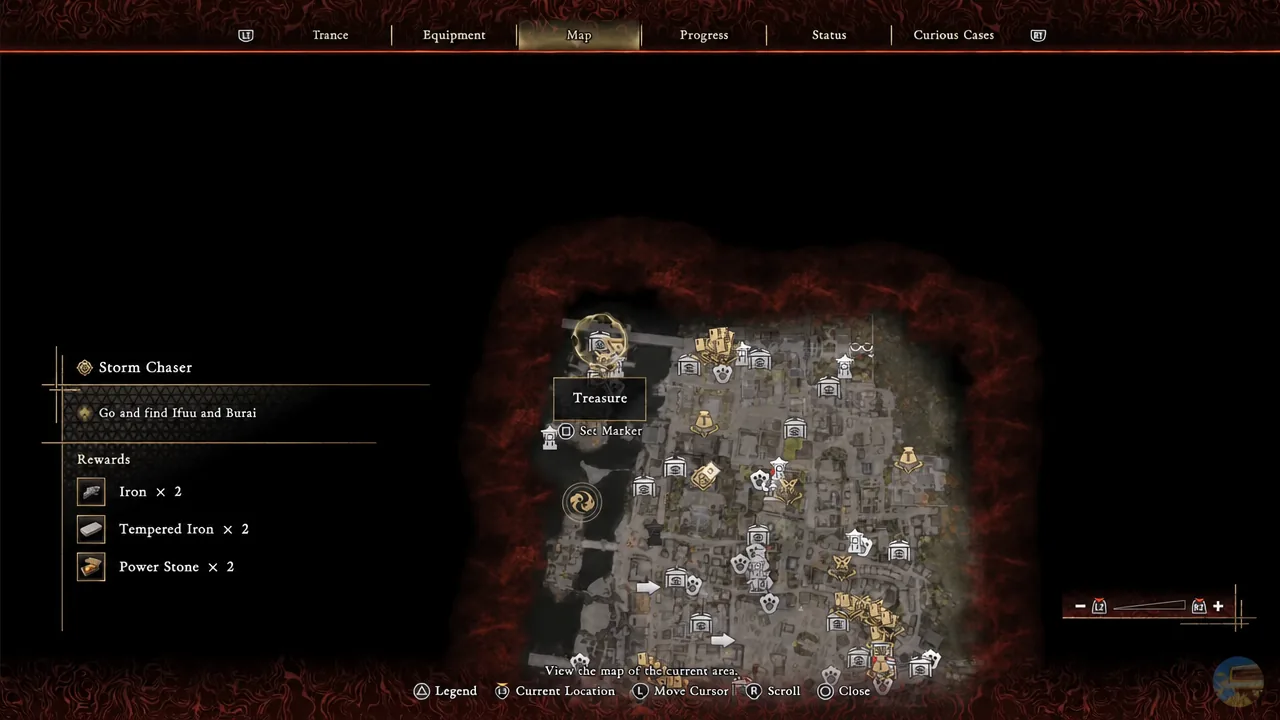 Map screen showing the highlighted Treasure marker for the garden area chest