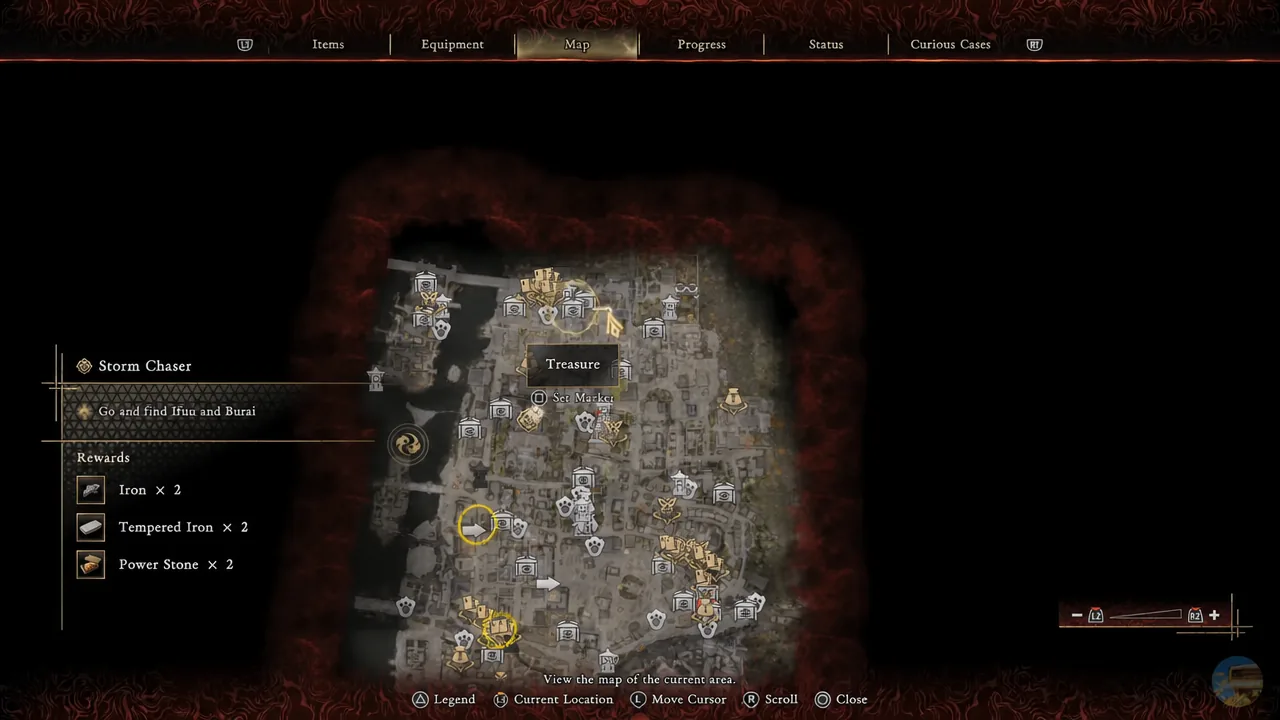 Treasure entry selected on the Map screen while placing a marker for a chest by a bamboo wall