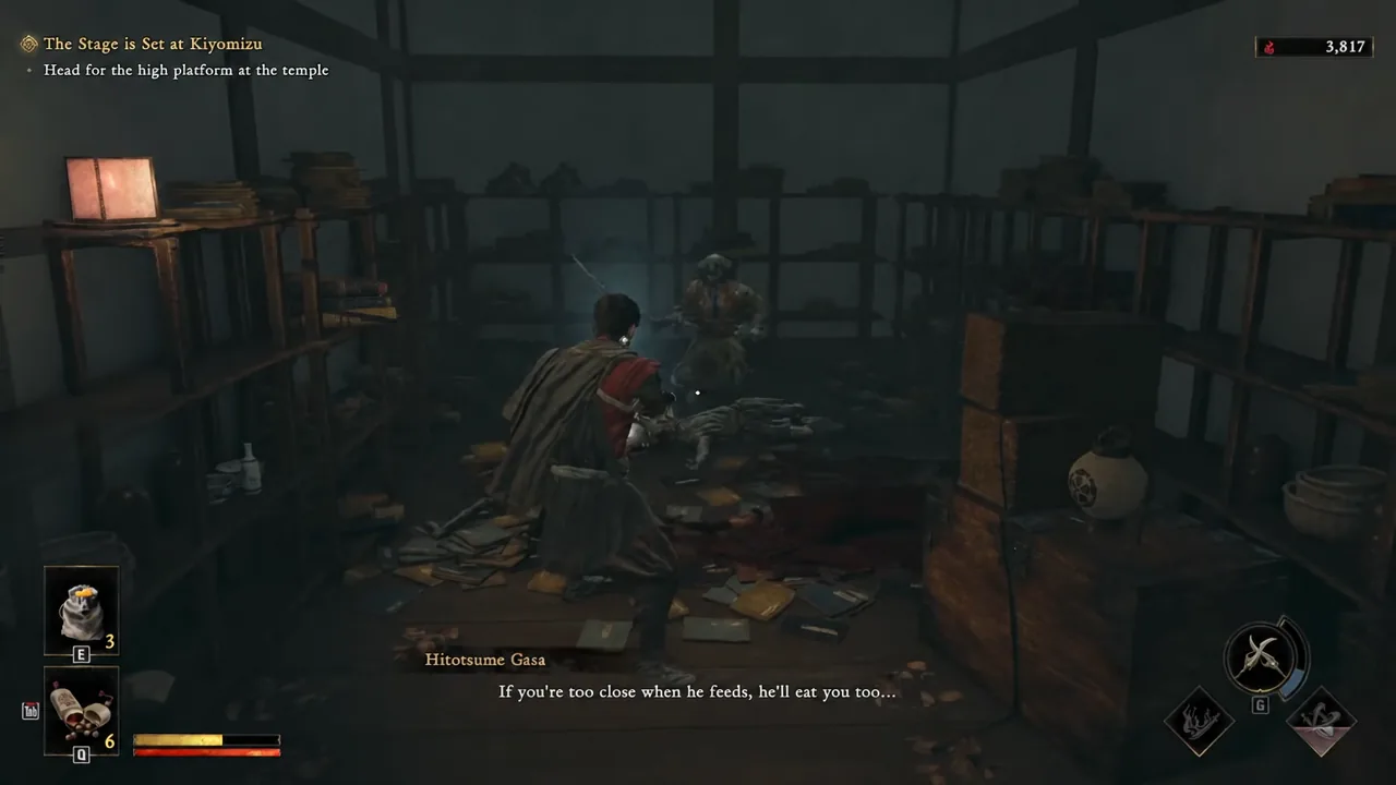 Musashi trading blows with a Genma while the Kiyomizu objective marker is on screen