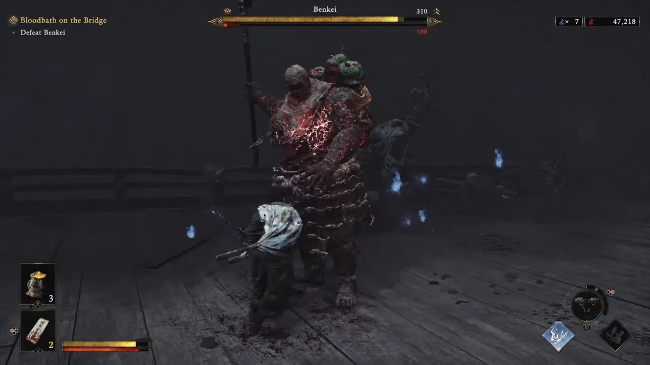 Close-quarters exchange with Benkei on the bridge arena during the boss fight