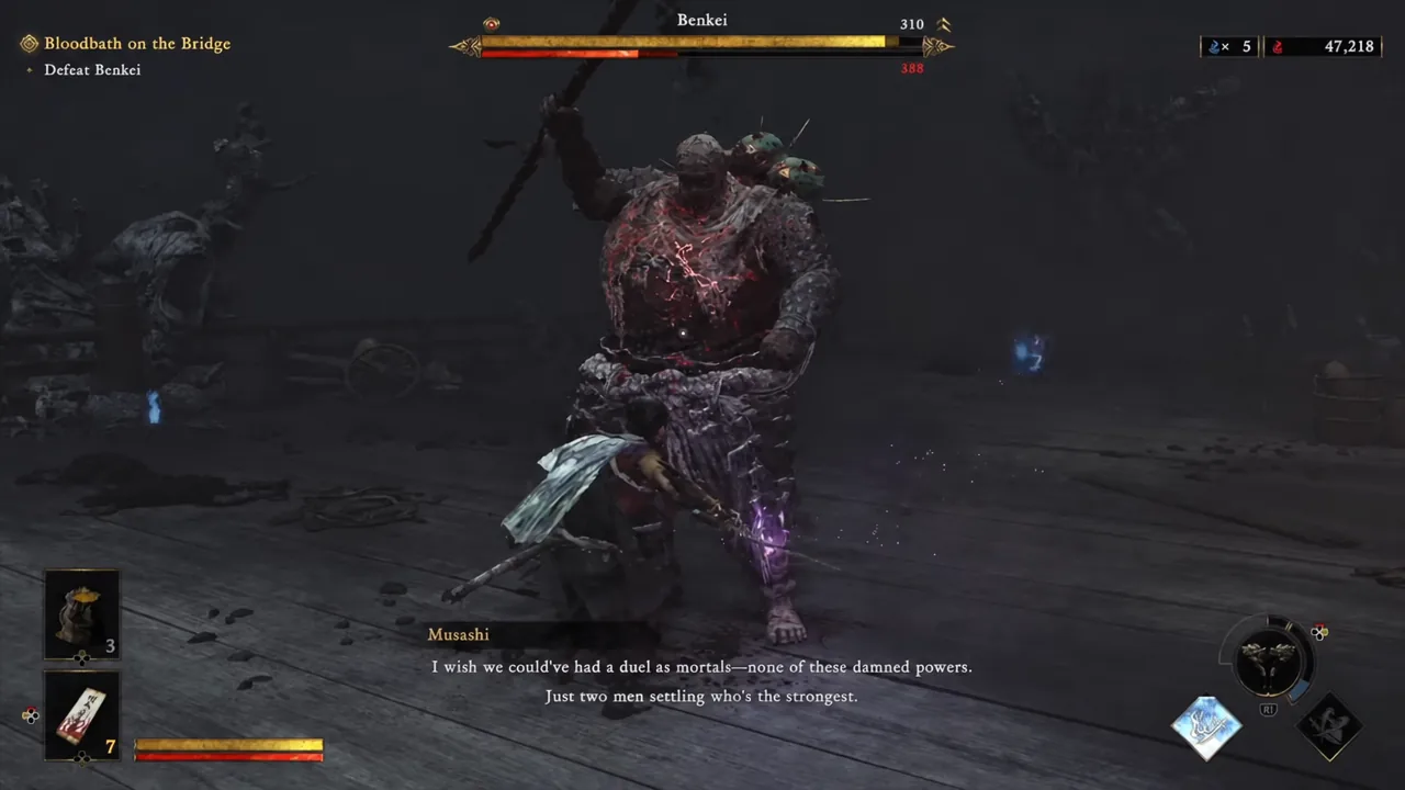 Musashi striking Benkei during the second half of the bridge fight