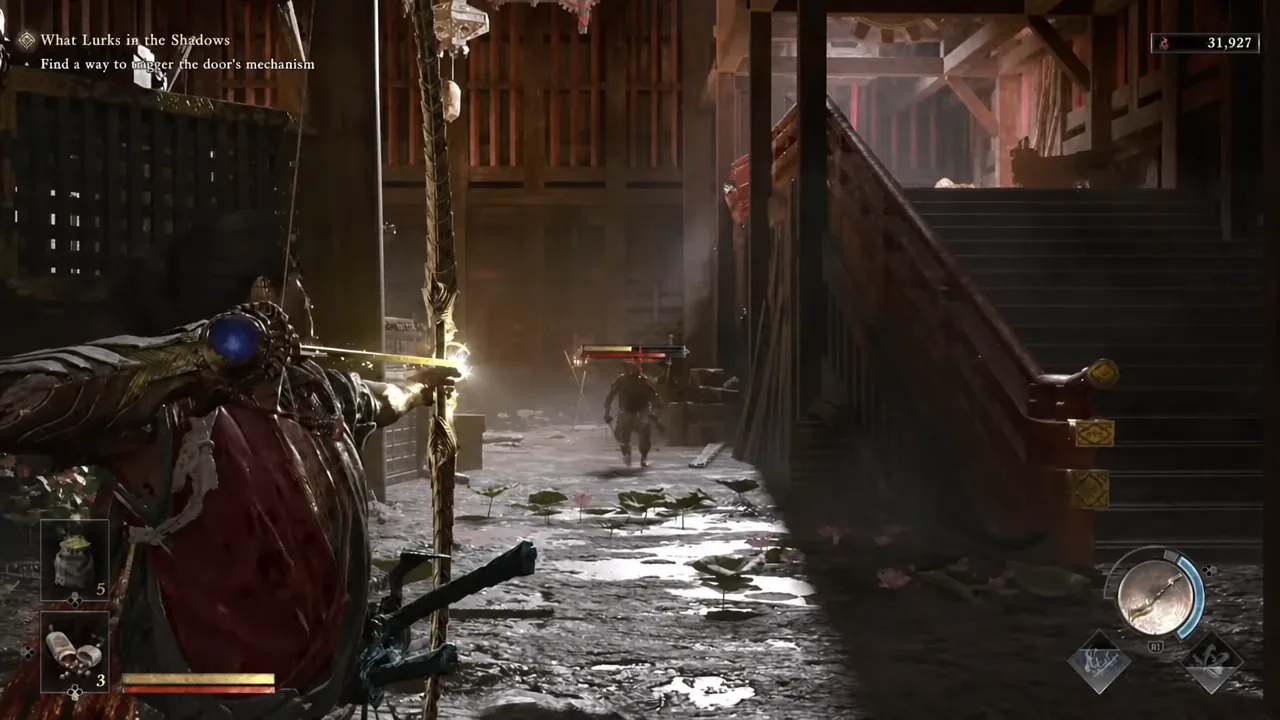 Musashi draws the Oni Bow and lines up a shot on a distant enemy