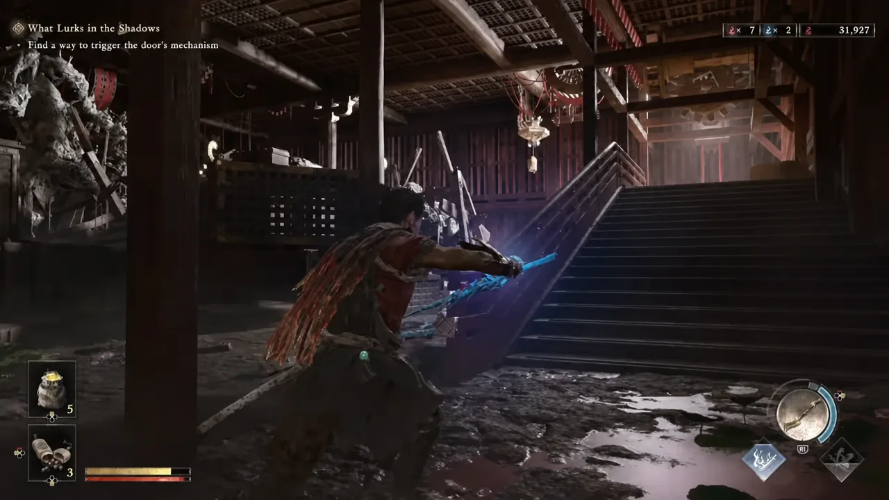 Musashi draws a glowing bow toward a wooden staircase while looking for the door mechanism