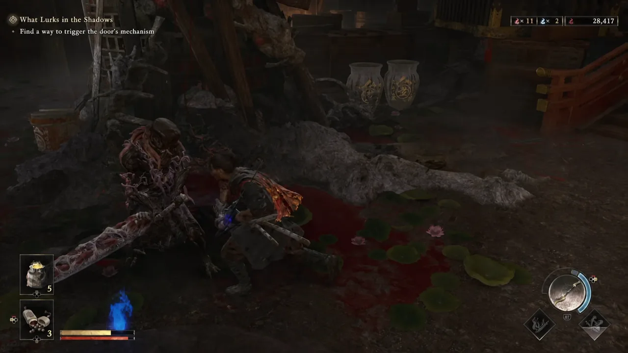 Musashi trading blows with a large Genma during the What Lurks in the Shadows objective