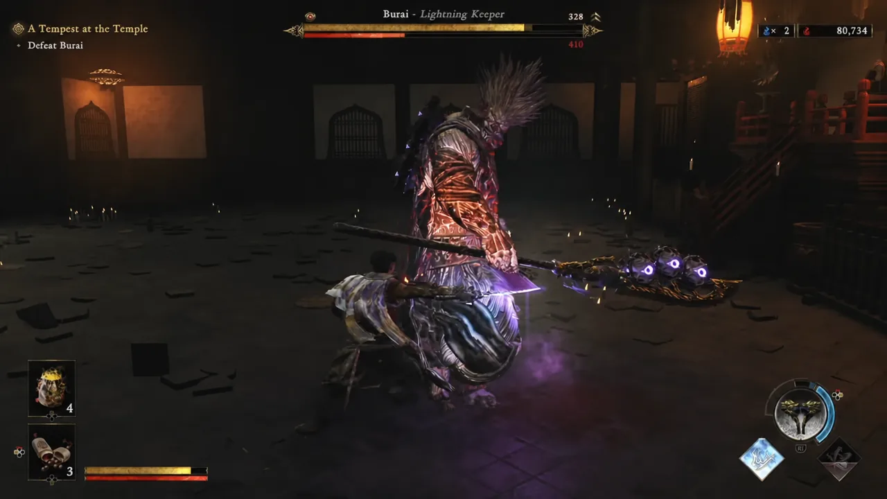 Musashi striking Burai the Lightning Keeper during the Defeat Burai objective at the temple
