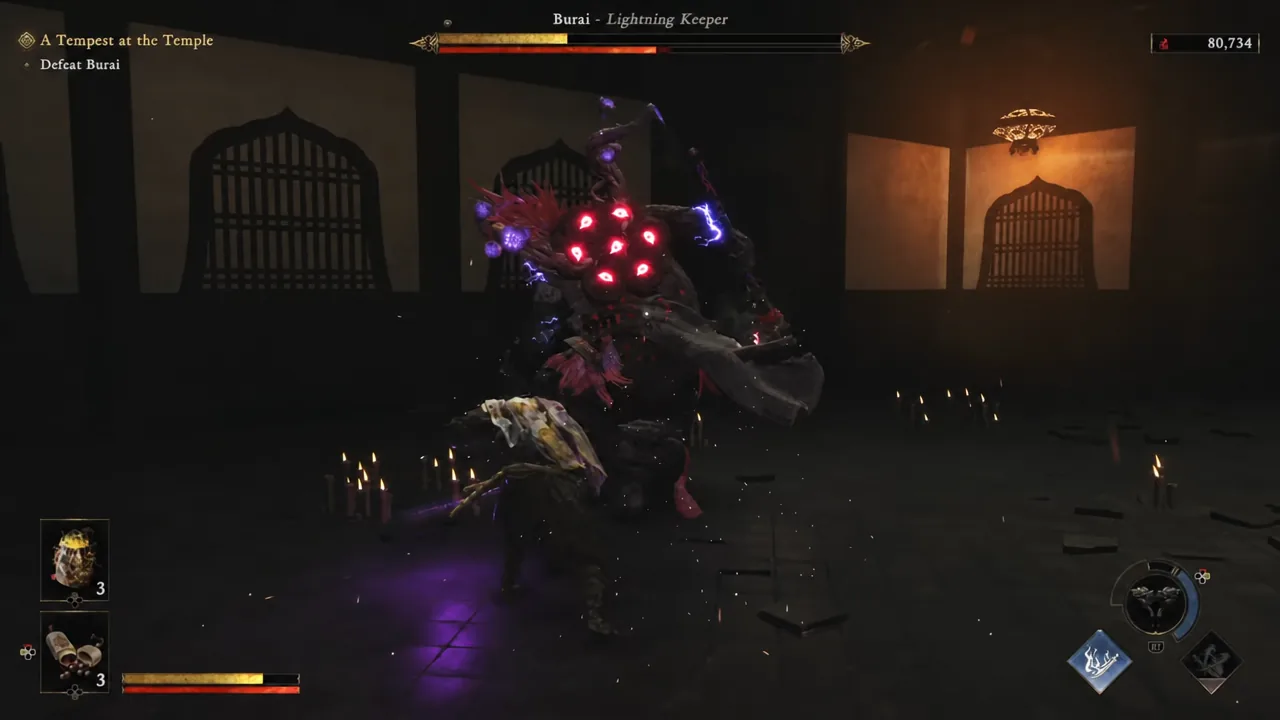 Burai - Lightning Keeper health bar on screen as Musashi presses the attack in the second phase