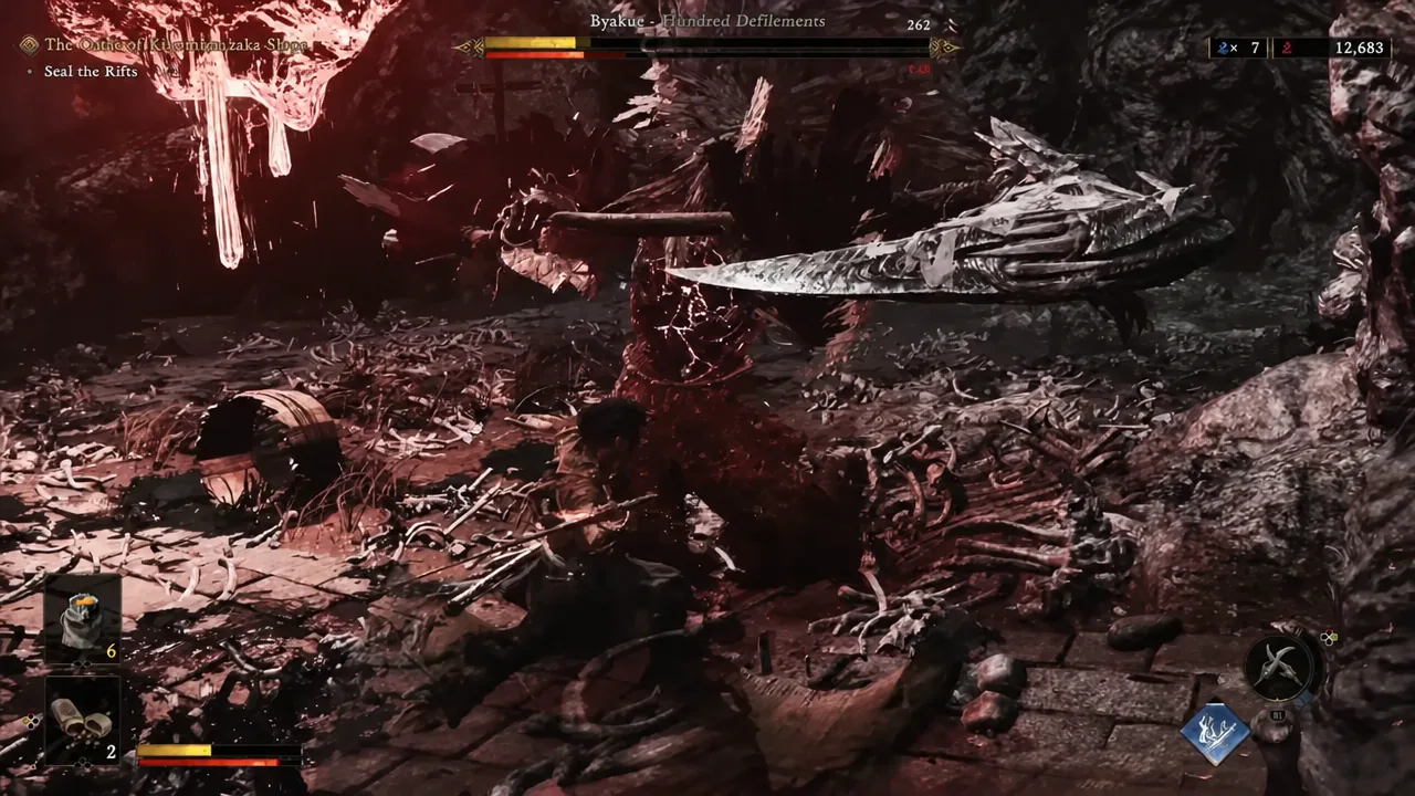 Musashi landing katana strikes on Byakue - Hundred Defilements between its heavy axe swings