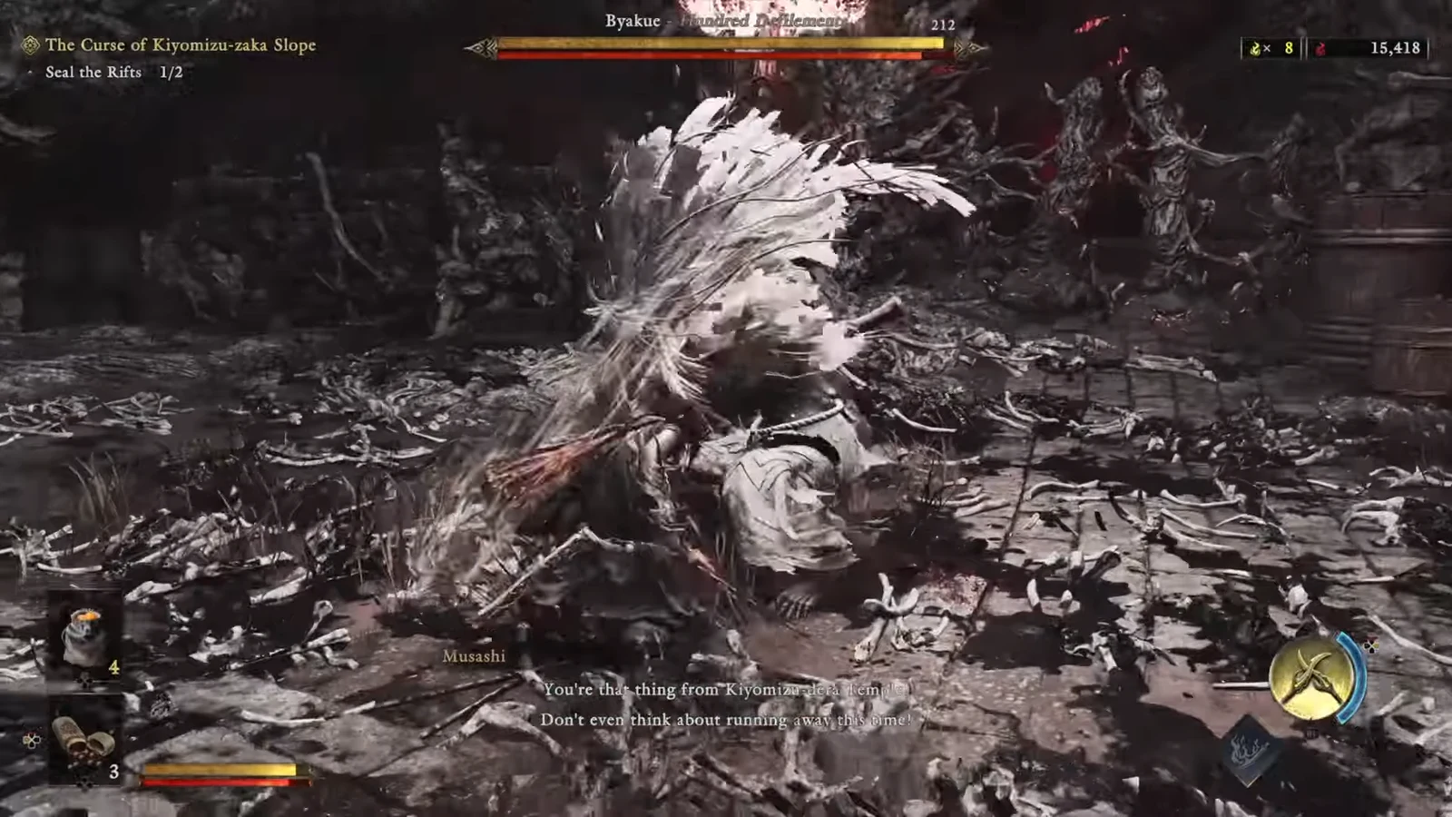 Musashi fighting Byakue during The Curse of Kiyomizu-zaka Slope with the Seal the Rifts objective active