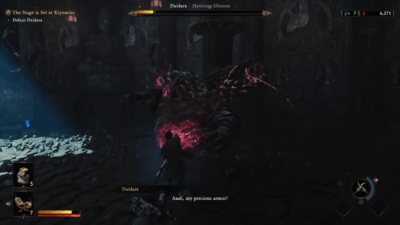 Daidara - Slavering Glutton health bar drops as Musashi lands a hit during the boss fight
