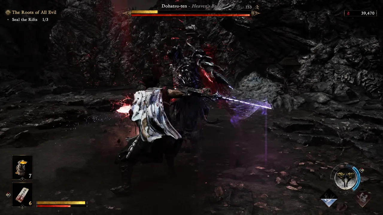 Attacking Dohatsu-ten with the boss health bar and Seal the Rifts objective on screen