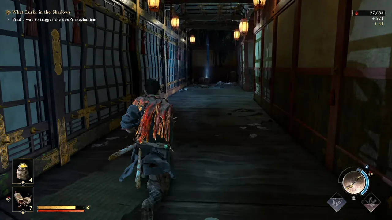 Musashi advancing down a ruined corridor with the What Lurks in the Shadows objective on screen