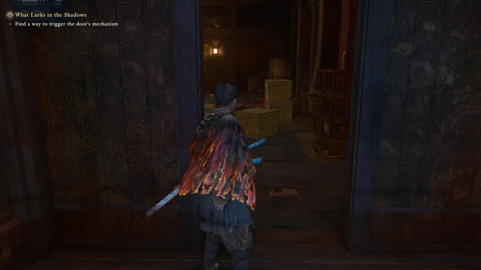 Musashi entering a pot-filled room facing a large ornate golden door