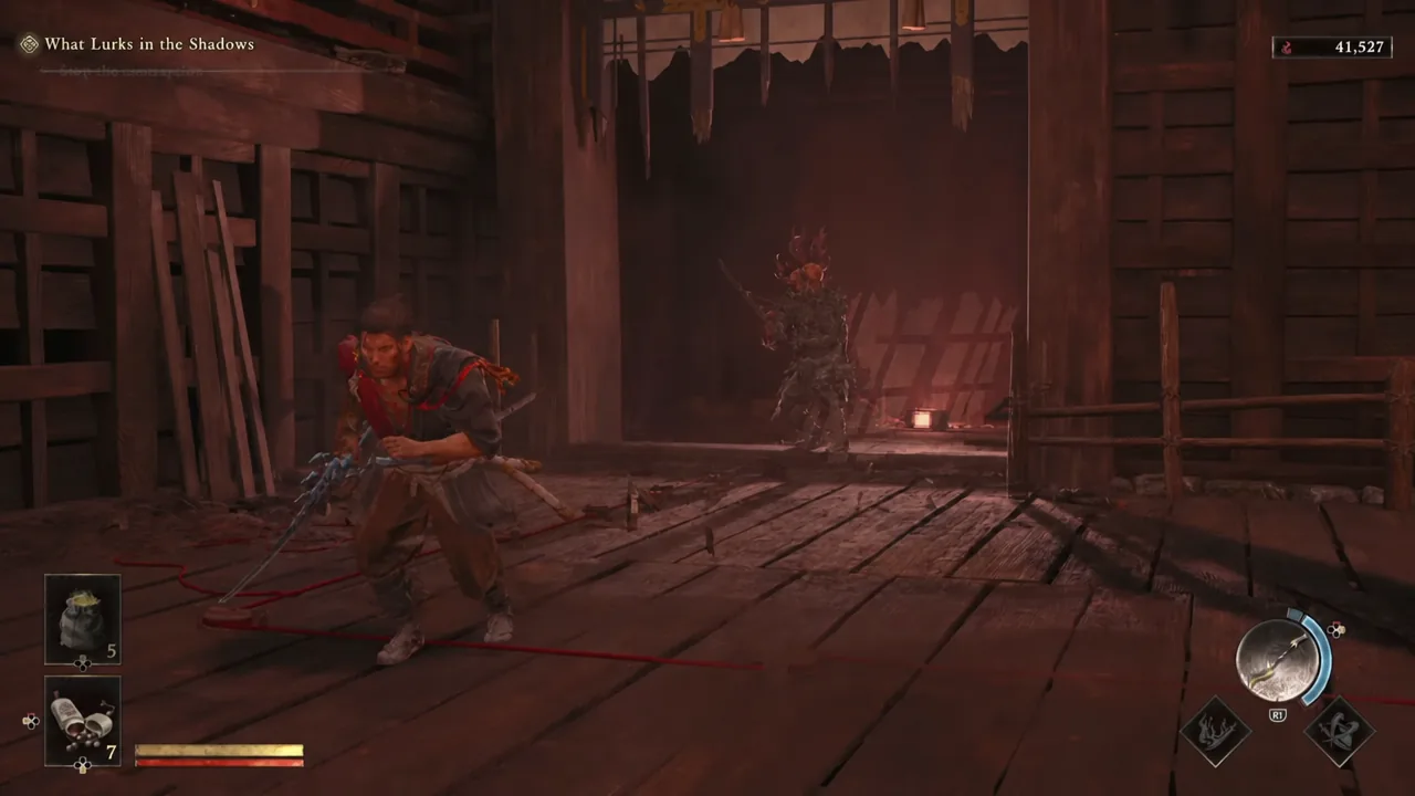 Musashi draws on an approaching Genma during the What Lurks in the Shadows side quest