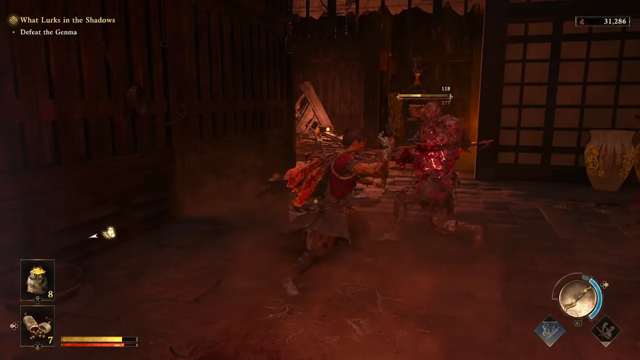 Player striking a Genma as the Defeat the Genma objective stays active on screen