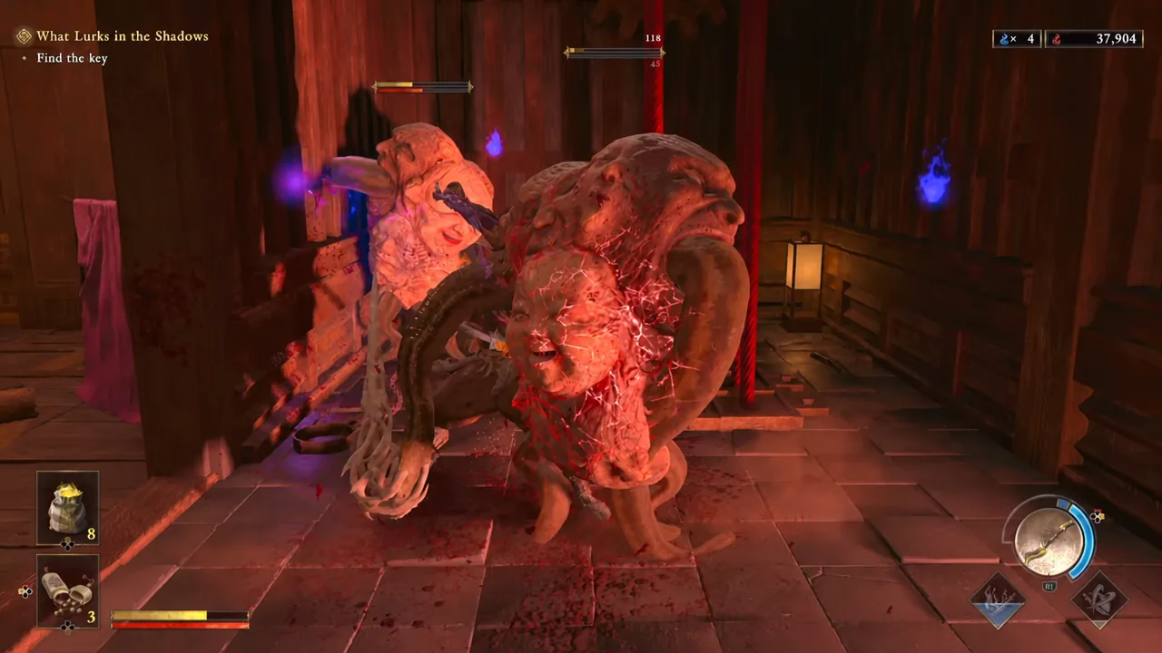 Musashi facing two Genma that have drifted into the same patch of ground during a fight