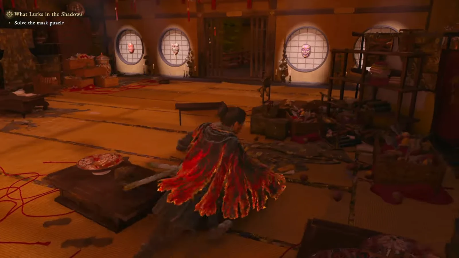 The What Lurks in the Shadows objective with a prompt to solve the mask puzzle on the wall