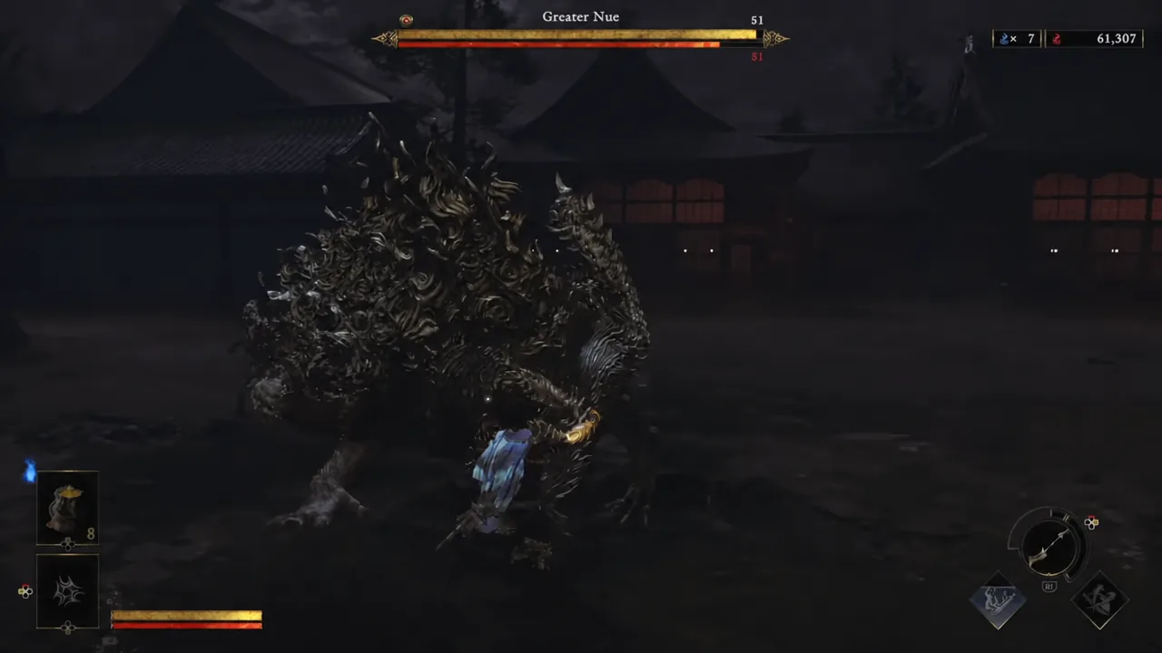 Musashi trading blows with the Greater Nue as the boss health bar fills the top of the screen