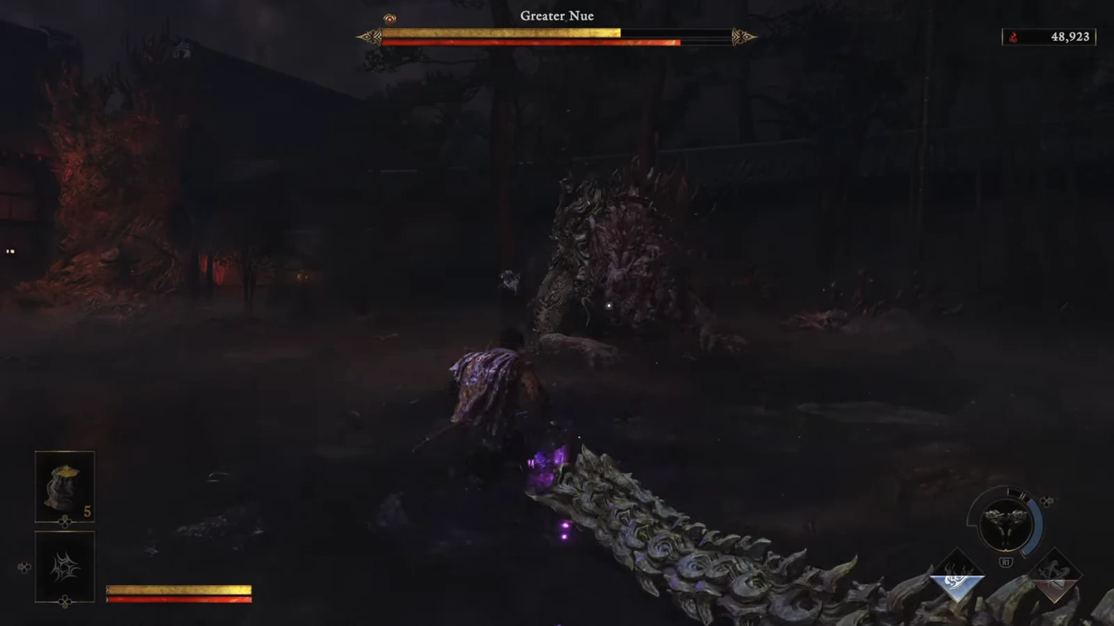 Combat against the Greater Nue during its high-voltage second phase with the boss health bar on screen