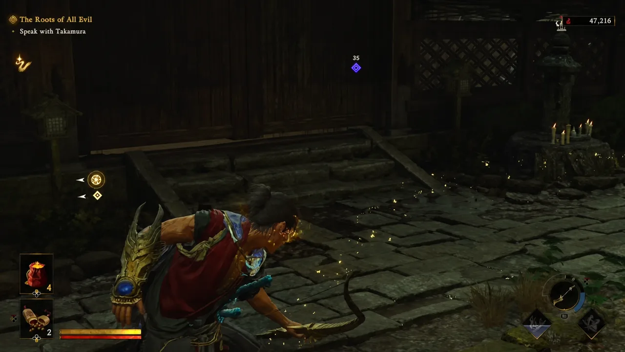 Musashi draws a bow during combat with a quest objective highlighted at the edge of the screen