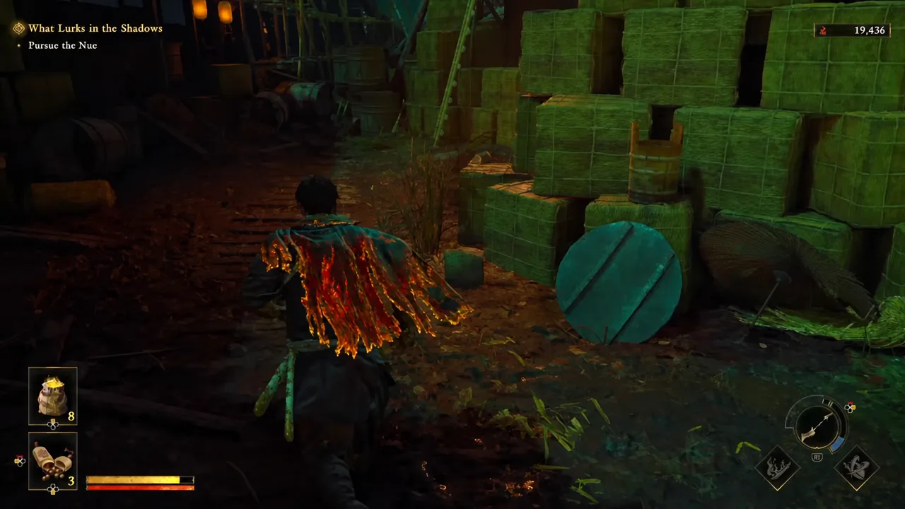 Musashi pushing through a dark warehouse with the Pursue the Nue objective on screen