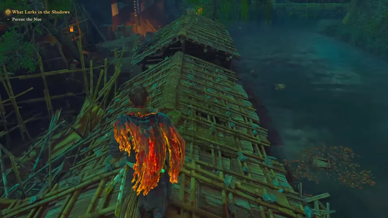 Musashi running across Kyoto rooftops with the Pursue the Nue objective active