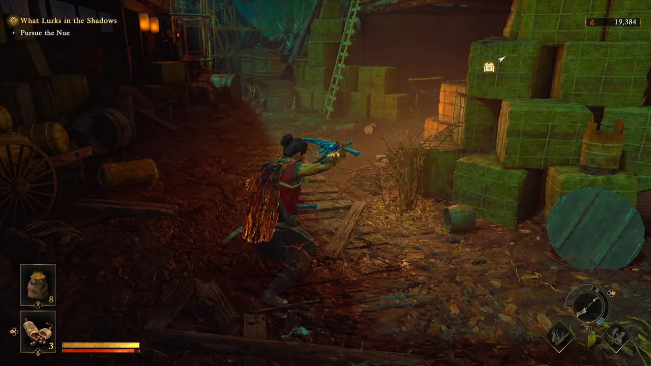 Musashi aiming a ranged weapon at an enemy during the Pursue the Nue objective