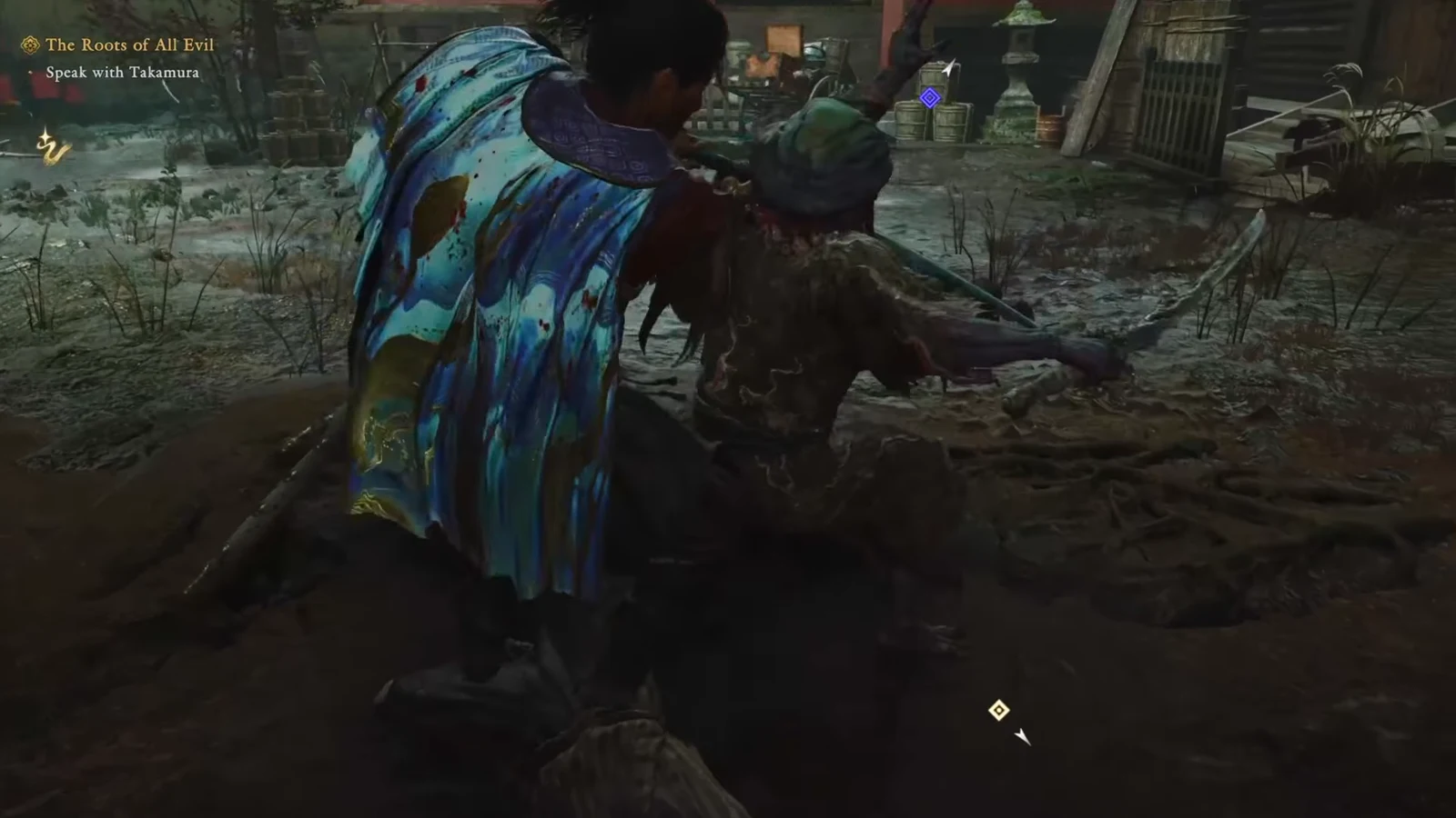 Musashi grapples a Genma next to the mission objective marker in Kyoto