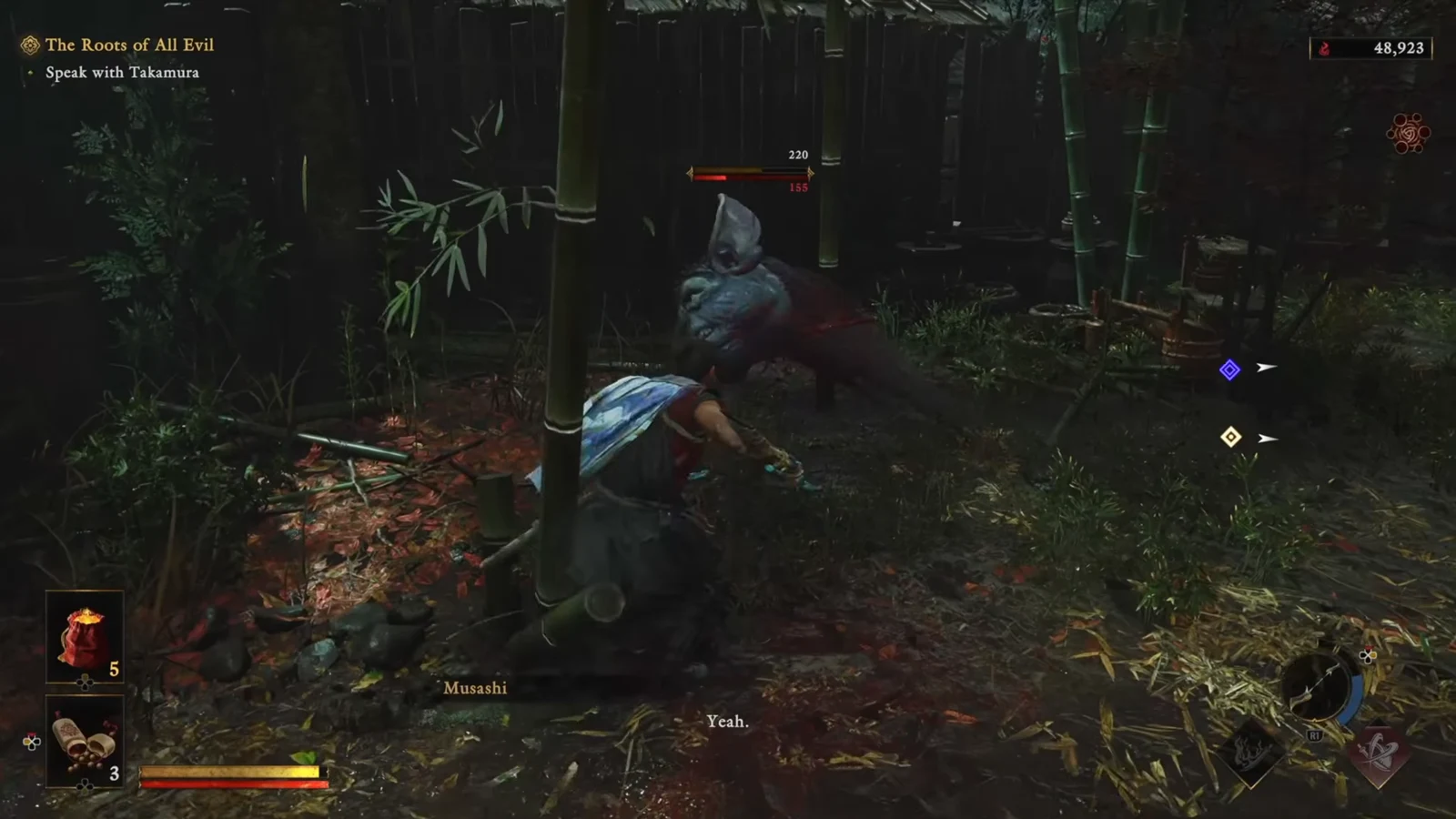 Musashi swings at a Genma in a bamboo grove during The Roots of All Evil mission