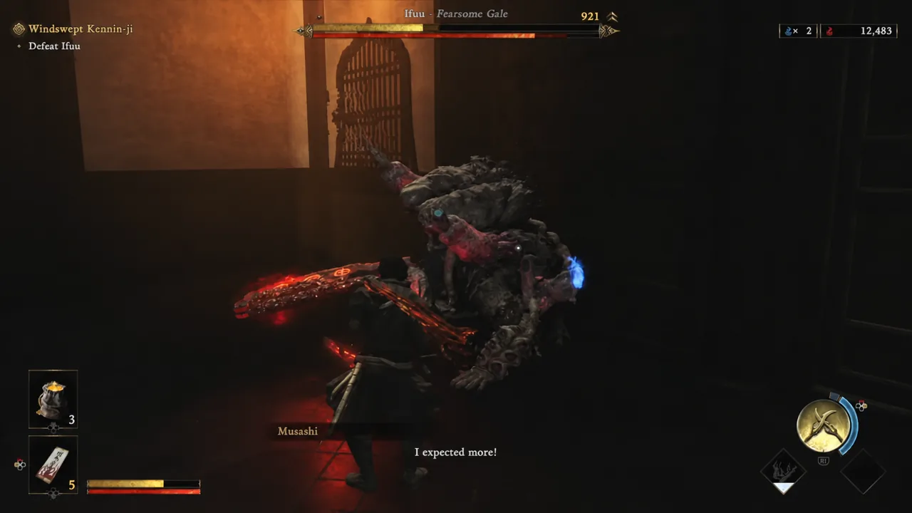 Musashi swinging at Ifuu - Fearsome Gale in Windswept Kennin-ji with the Defeat Ifuu objective on screen
