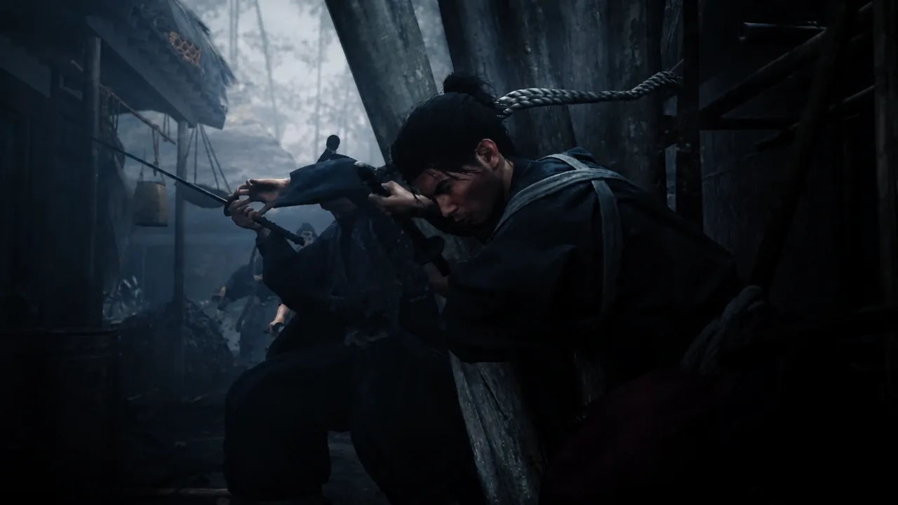 Musashi collapses bamboo scaffolding across a village street to cut off his pursuers