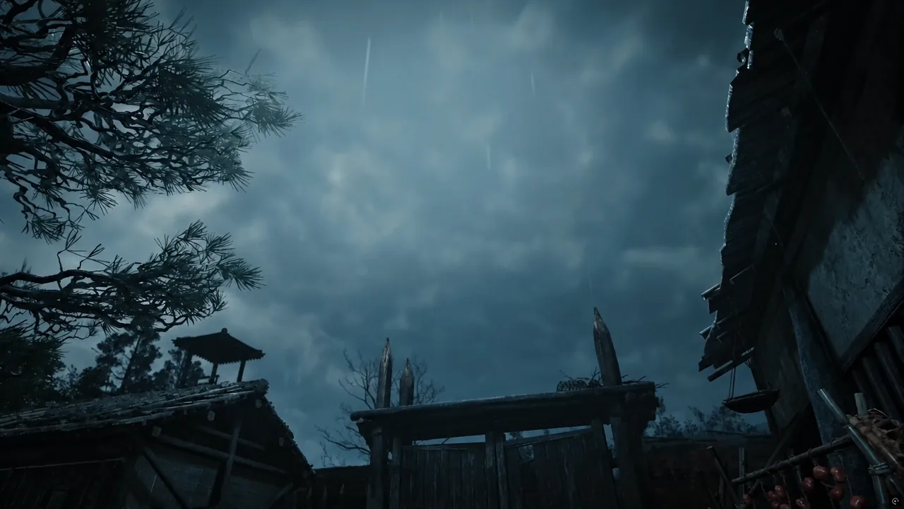 Musashi faces off against Yoshioka swordsmen on a rain-soaked wooden bridge at night