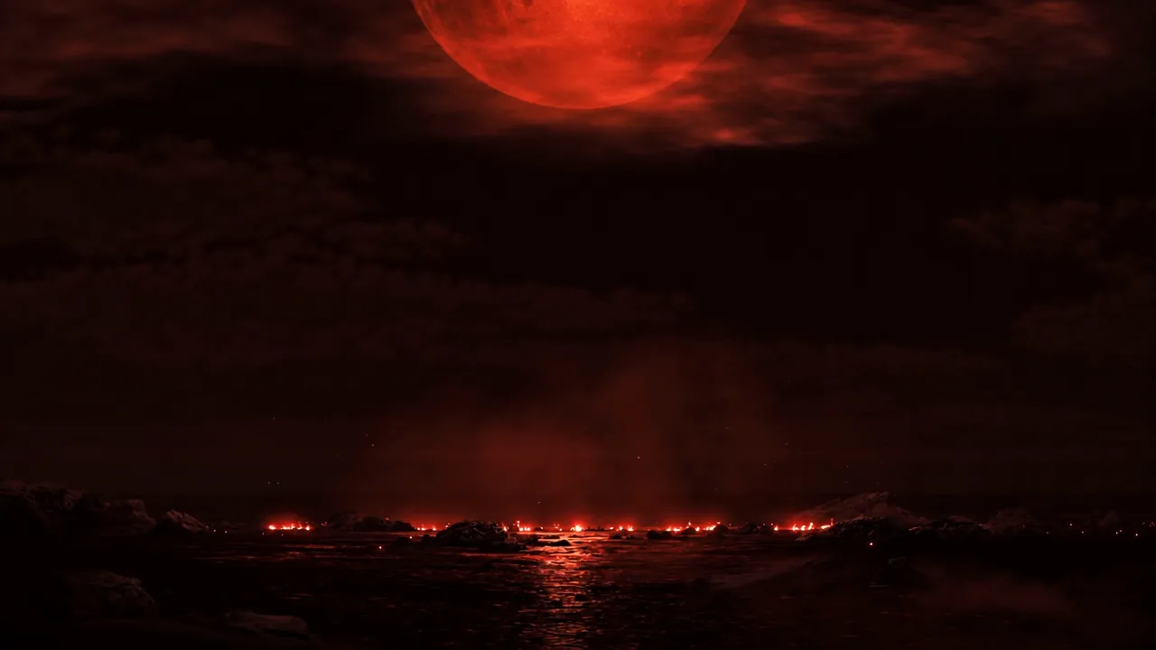 Musashi floats in a red river of lanterns beneath a crimson moon in the underworld