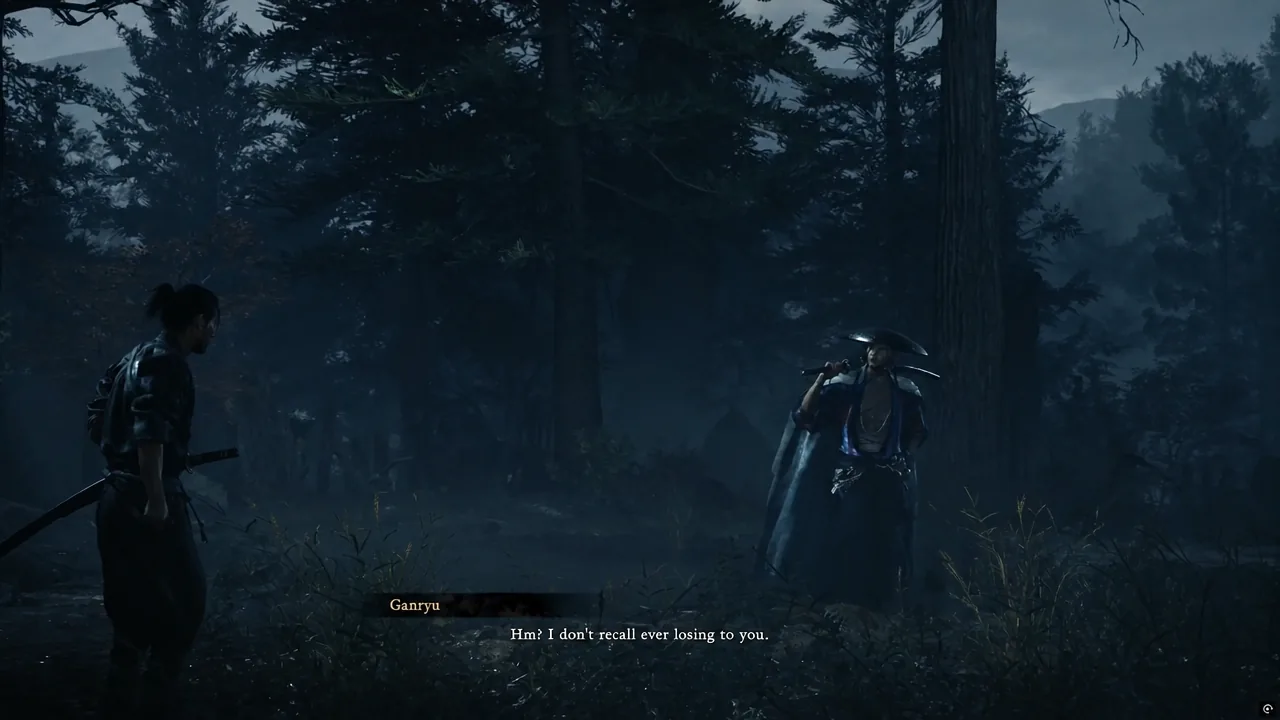 Forest dialogue scene with Ganryu saying he does not recall ever losing to Musashi