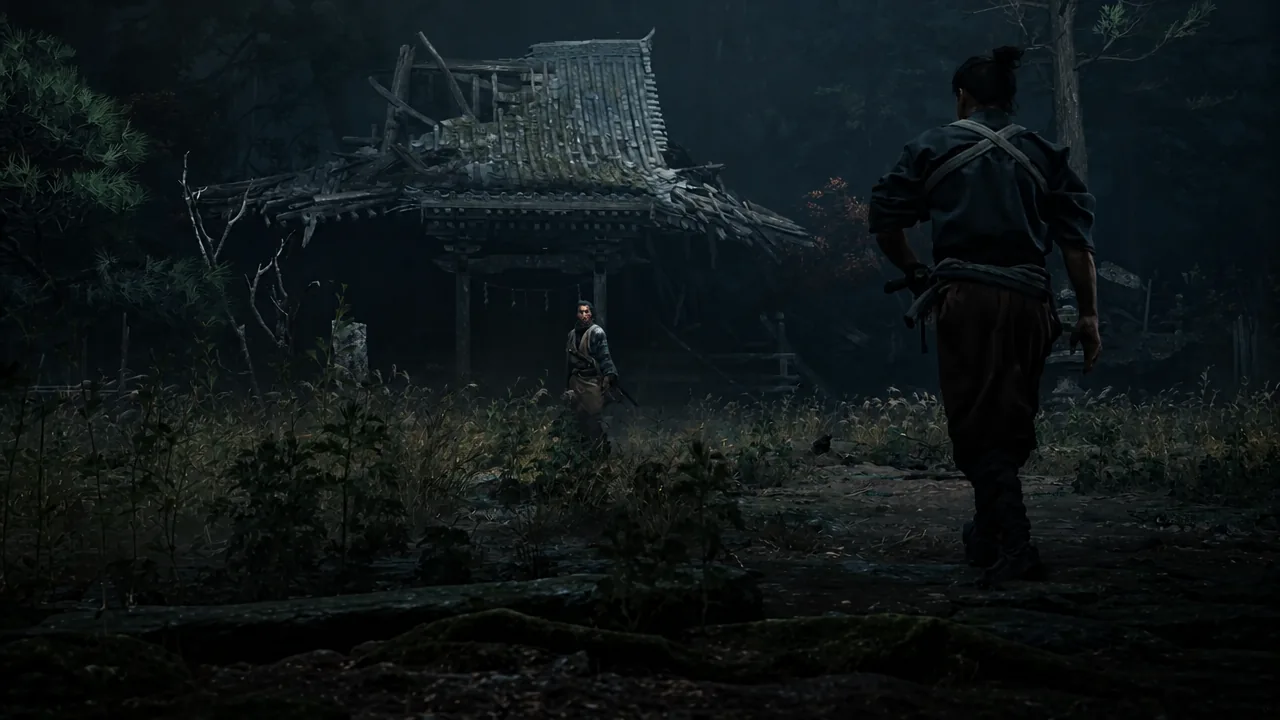 Musashi walks toward a hut where an armed swordsman stands waiting to face him