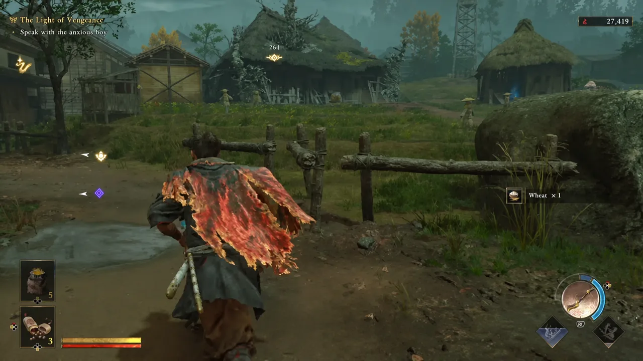 The Light of Vengeance quest tracker pointing to the anxious boy objective marker in the village