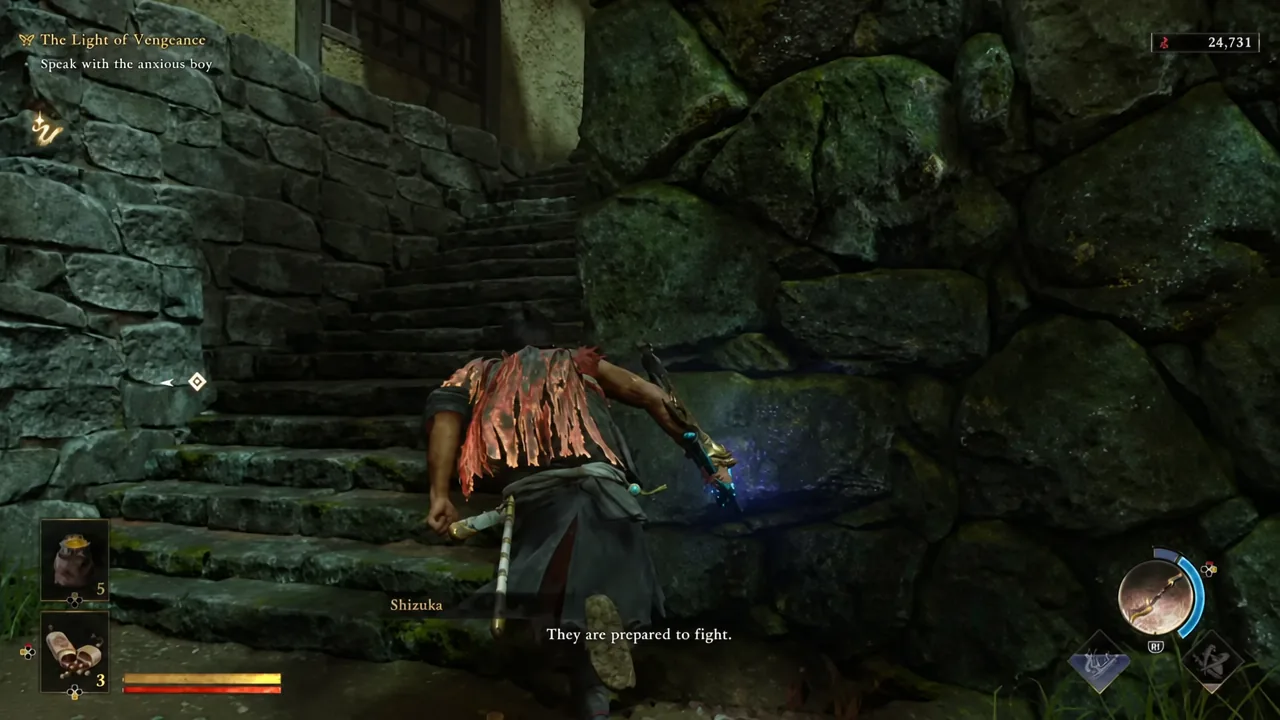 Player climbing stone stairs with the Speak with the anxious boy objective still tracked on screen