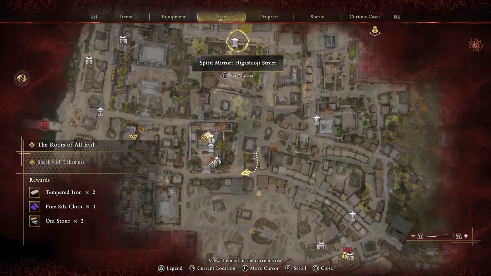 Map screen with Spirit Mirror Higashioji Street highlighted and Set Marker available